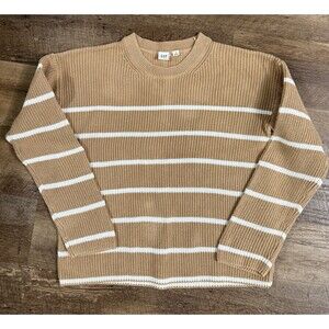GAP Tan White Striped Ribbed Knit Sweater Women’s Medium Crew Neck Pullover